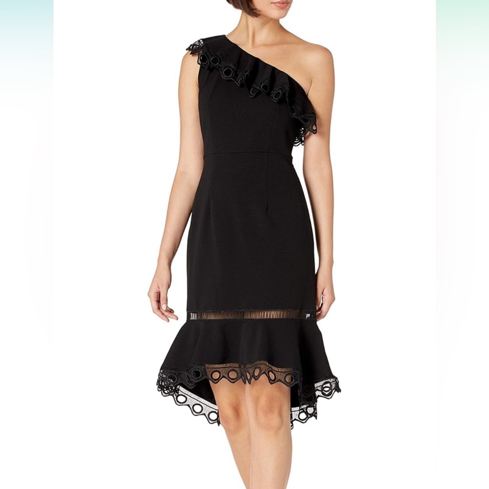 Nanette Lepore Women’s One Shoulder Dress Lace Trim Black New Size 4